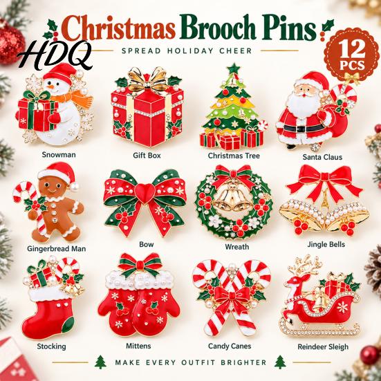 Sparkling Holiday Brooches Christmas Enamel Brooch Pin Santa Snowman Gingerbread Tree Wreath Stocking Pins Bell Jewelry Accessories for Coats