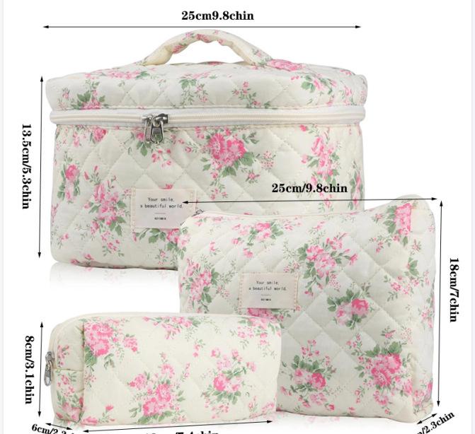 Large-Capacity Quilted Cotton Floral Makeup Bag - Portable and Cute for Travel or Student Use