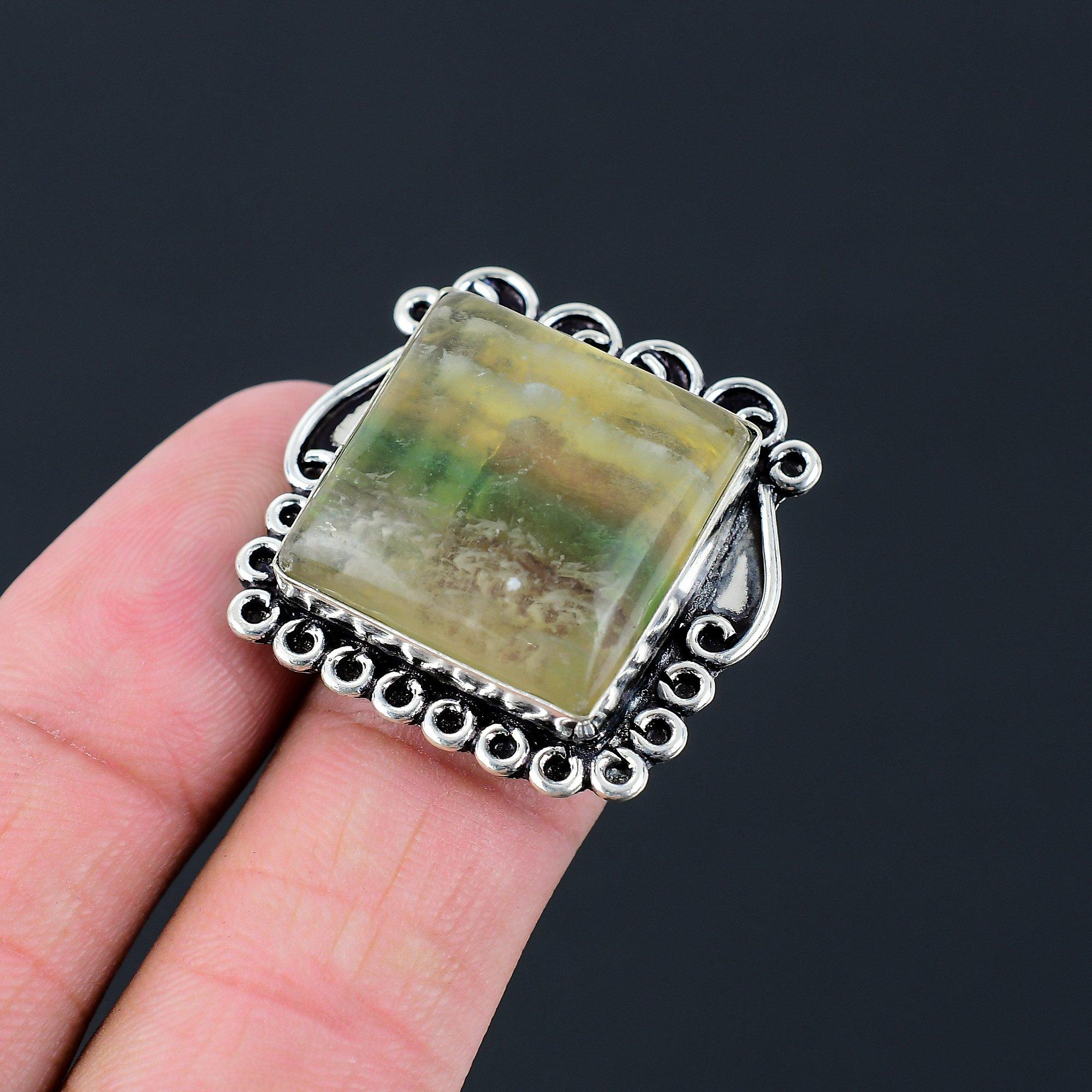 Sterling Silver Third Eye Chakra Multi Fluorite Gemstone Solitaire Ring Size 7.5 7.5