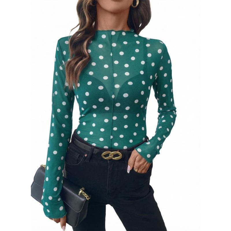 Women Sheer Polka Dot Mesh Half High Neck Long Sleeve Sexy T Shirt Top