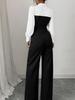 Completo 2 pezzi stile europeo da donna 2026: camicia a V con patchwork in vita e pantaloni