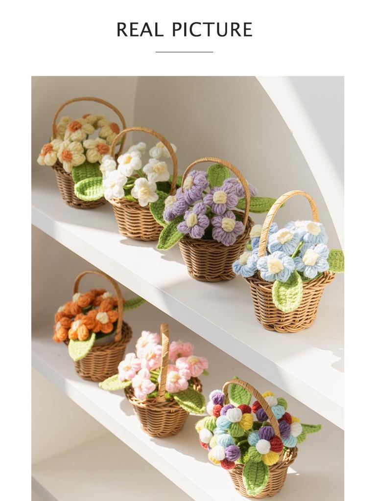 Handmade Crochet Blue Potted Flower Decoration - Everlasting Knitted Desktop Ornament