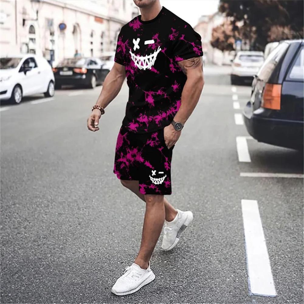3D Demon Face Print Men Short Sleeve T-Shirt Shorts Two Piece Sets Hip Hop Trend Harajuku Streetwear Summer Casual Outfit