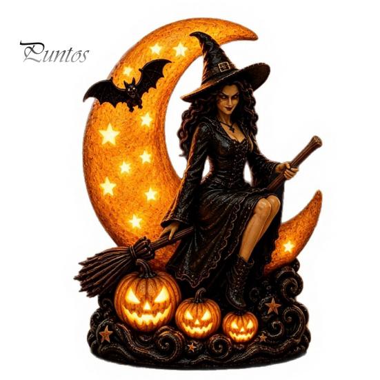 Handcrafted Resin Ornament Halloween Witch Lamp, Gothic Crescent Moon LED Night Light, Tabletop Statue Spooky Decorative Table Lamp for Bedroom
