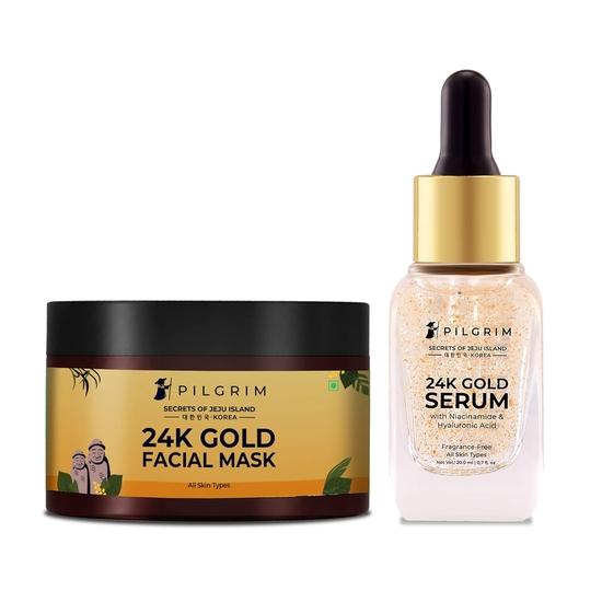 Pilgrim 24K Gold Facial Kit | Dewy Glass Skin Finish | Facial Kit for Radiant Look | 24K Gold Face Mask Pack 50gm | 24K Gold Serum 20ml