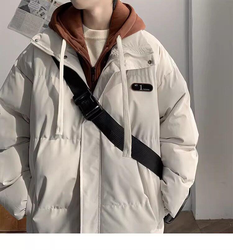 Men's Trendy American-Style Faux Two-Piece Down Coat - Winter Hooded Loose Fit for Cold Protection