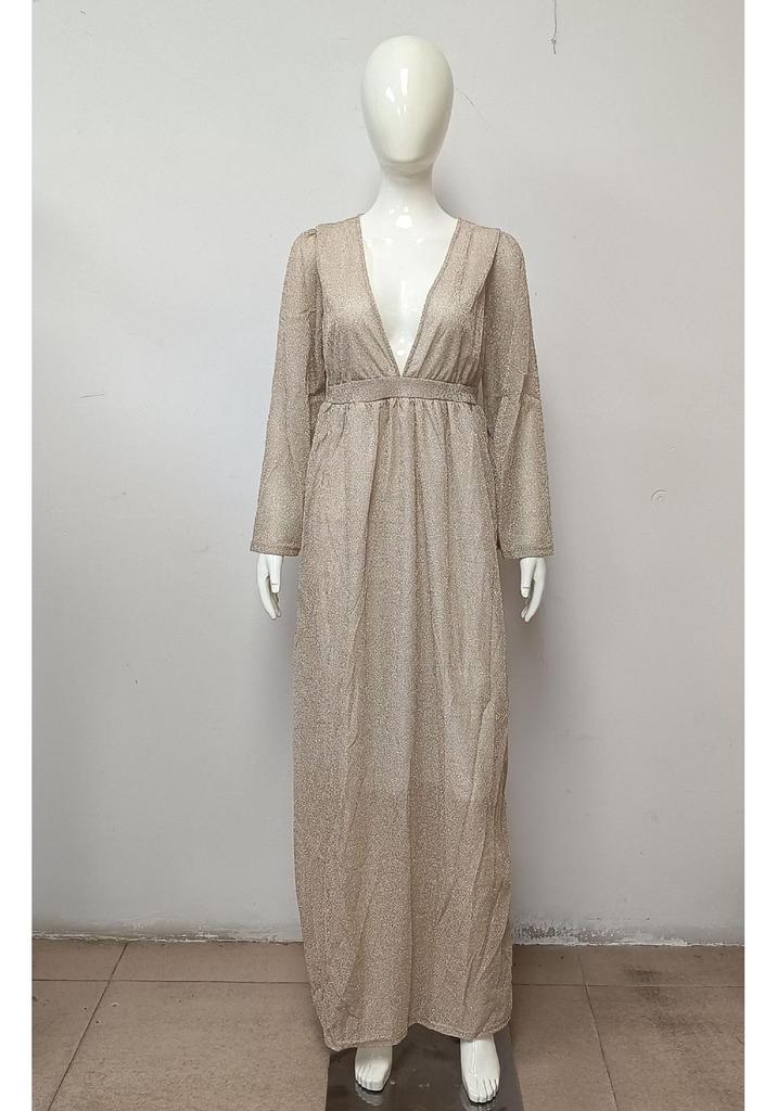 Aprikosfarbenes V-Ausschnitt Langarm Paillettenkleid - Damenmode Auf Lager