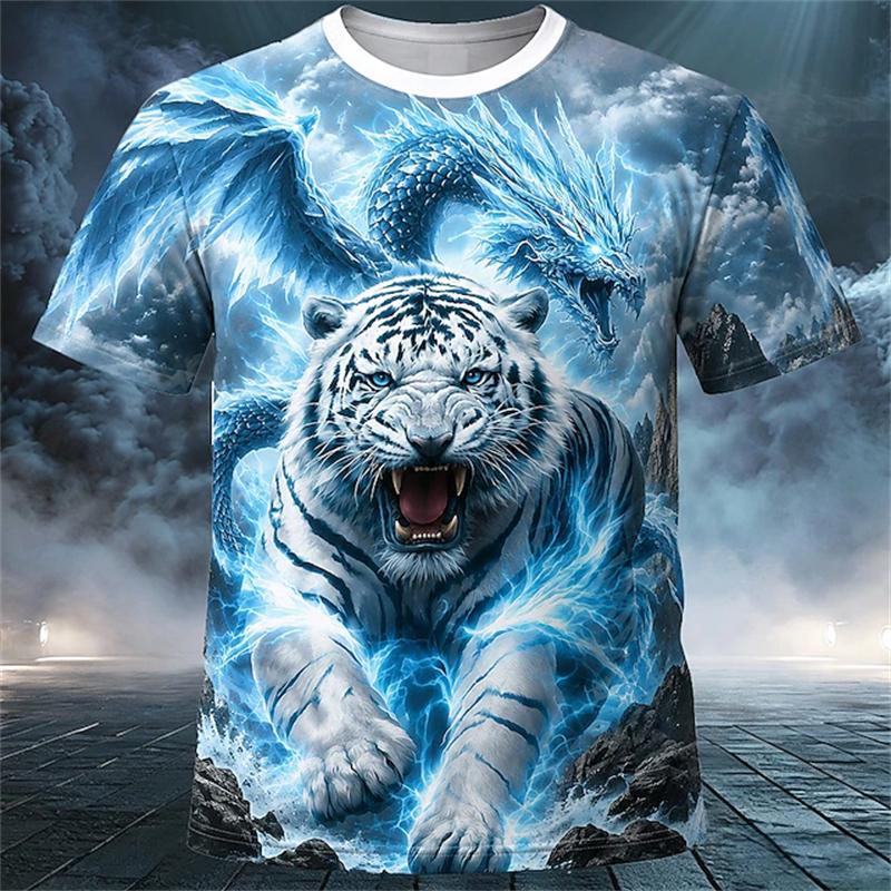 New Men's Summer Crew-Neck Short-Sleeve T-Shirt with Retro Tiger Print Breathable Casual and Loose-Fitting Mens Short-Sleeve Top