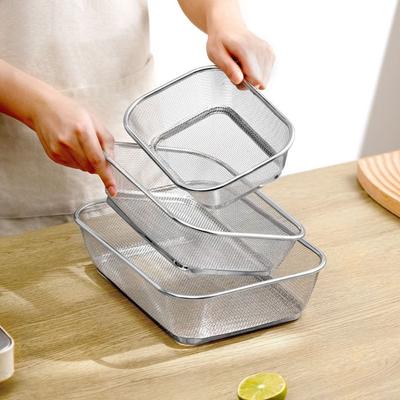 Ins Square Drain Basket Thickened Hollow Out Fruit Snack Plate Stainless Steel Rice Washing Basin