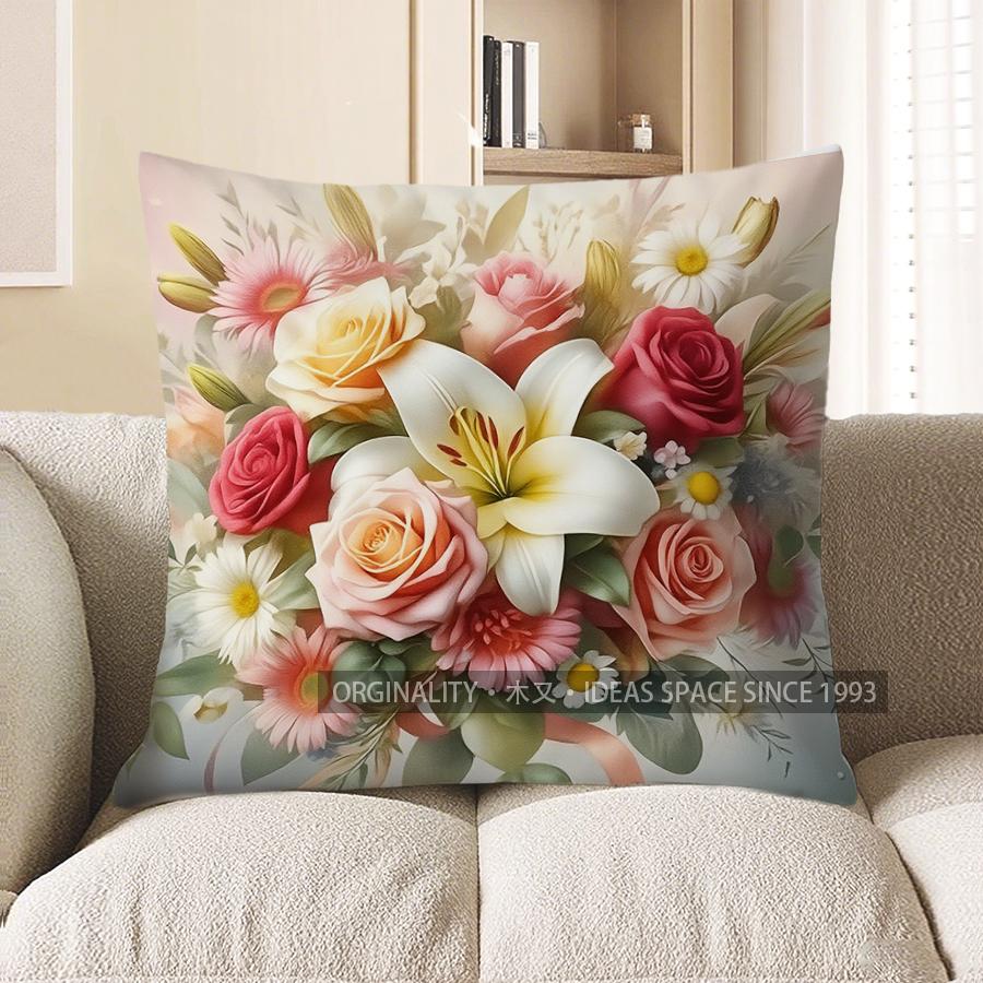 Home Decor Colorful Floral Bouquet Pillow For Home Decor Pattern Cushion Cover Suitable For Sofa Bedroom Car Pillow Cover