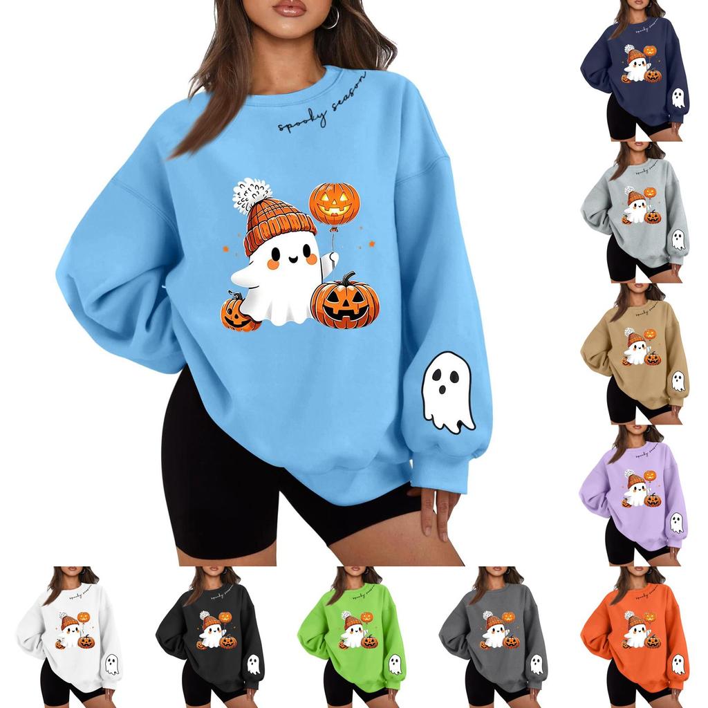 Unisex Halloween Print Long Sleeve Neck Sweatshirt, Lightweight Pullover Casual Top for Men and Women