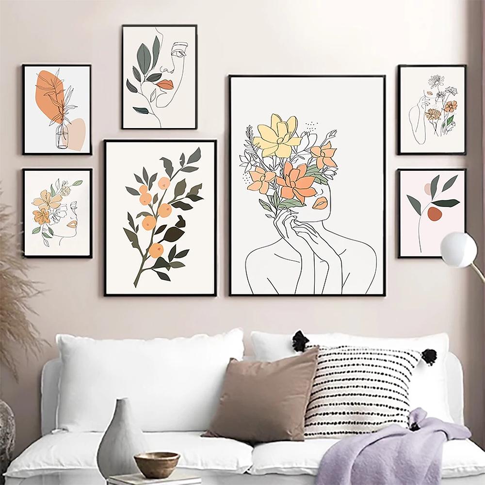 

Abstract Girl Face Line Drawing Art Print Watercolor Flower Leaf Poster Simple Wall Art Canvas Picture Painting