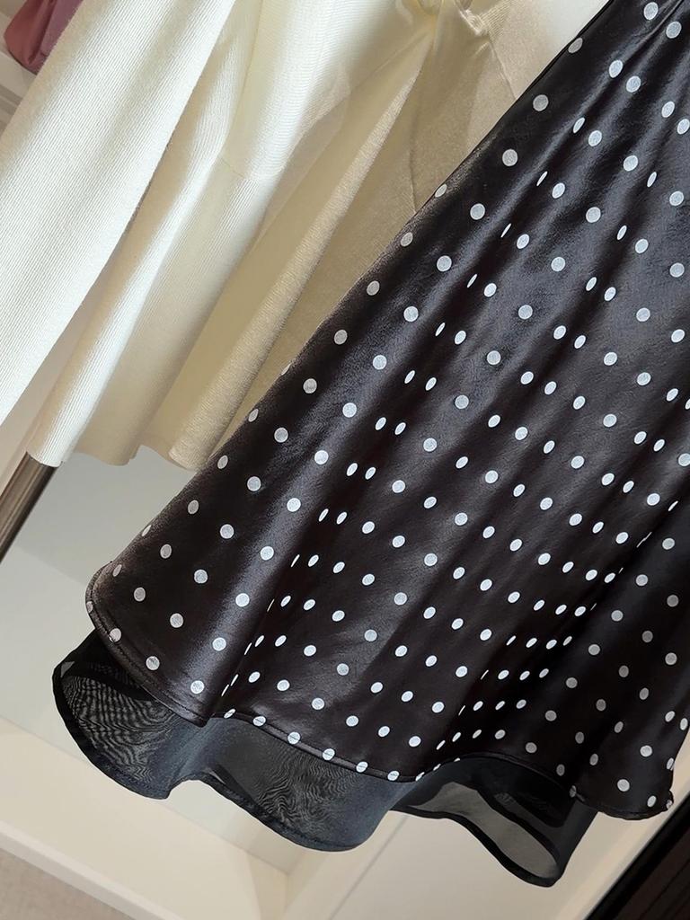 Chic Polka Dot High-Waist Silky A-Line Bodycon Midi Skirt for Women