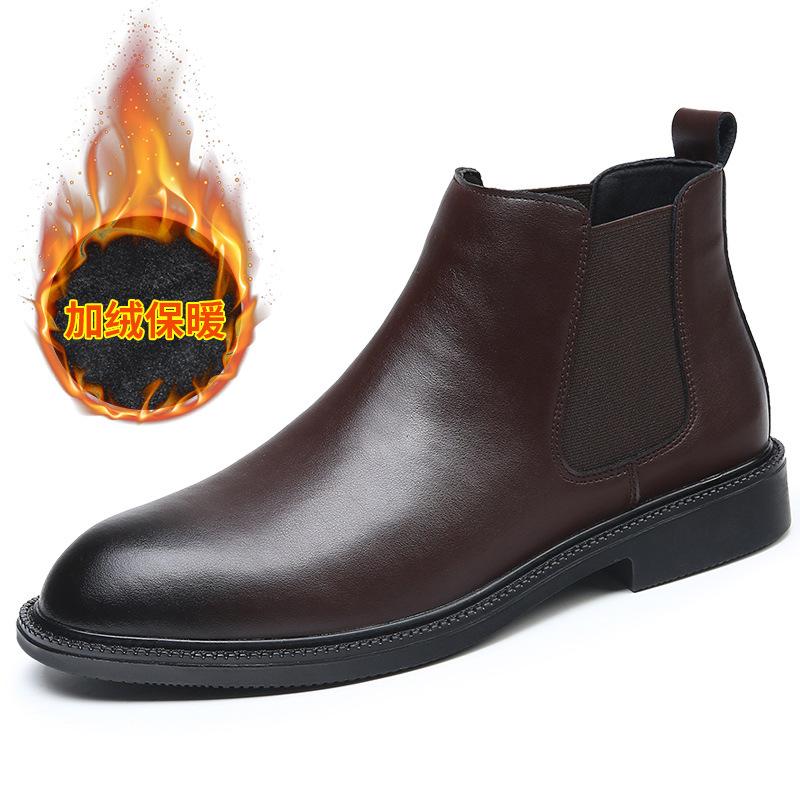 Chelsea boots men's 2025 winter warm cotton boots versatile British style leather casual Martin boots velvet short boots