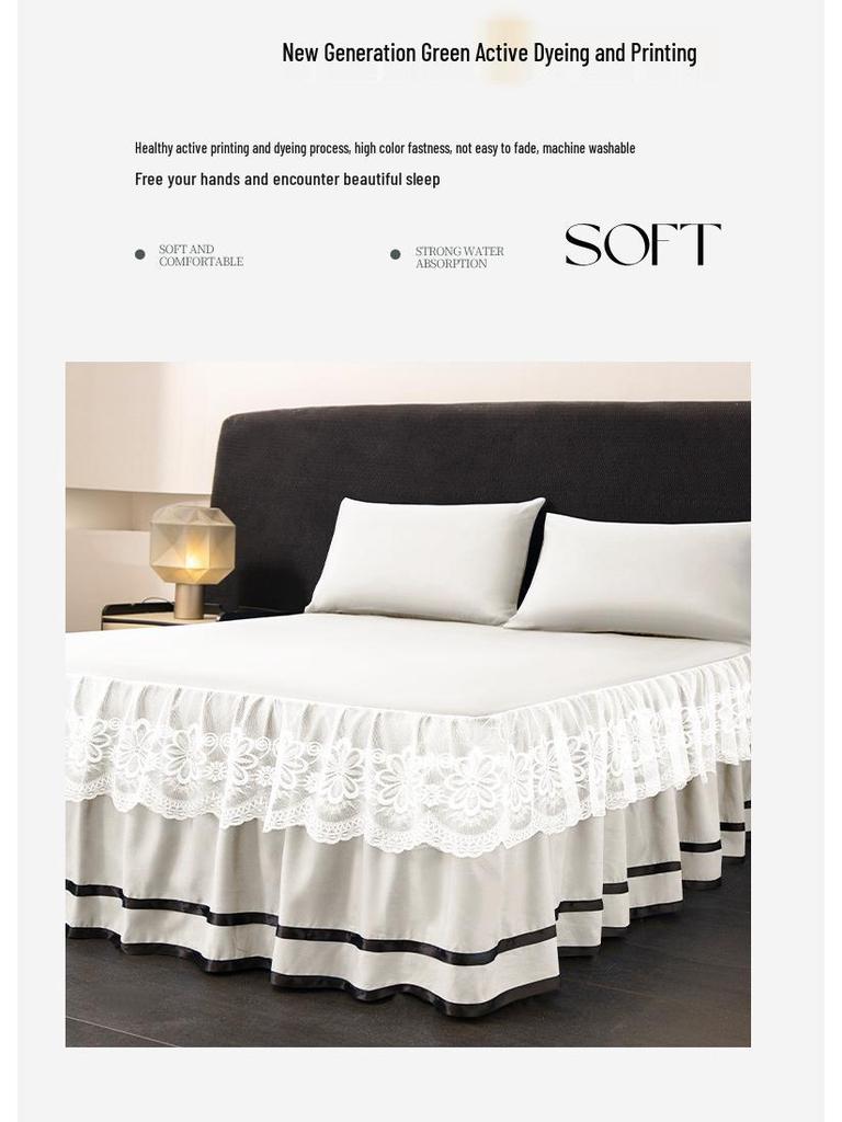 Brushed Double-Layer Solid Color Elastic Lace Ruffle Bed Skirt Full-Size Mattress Cover
