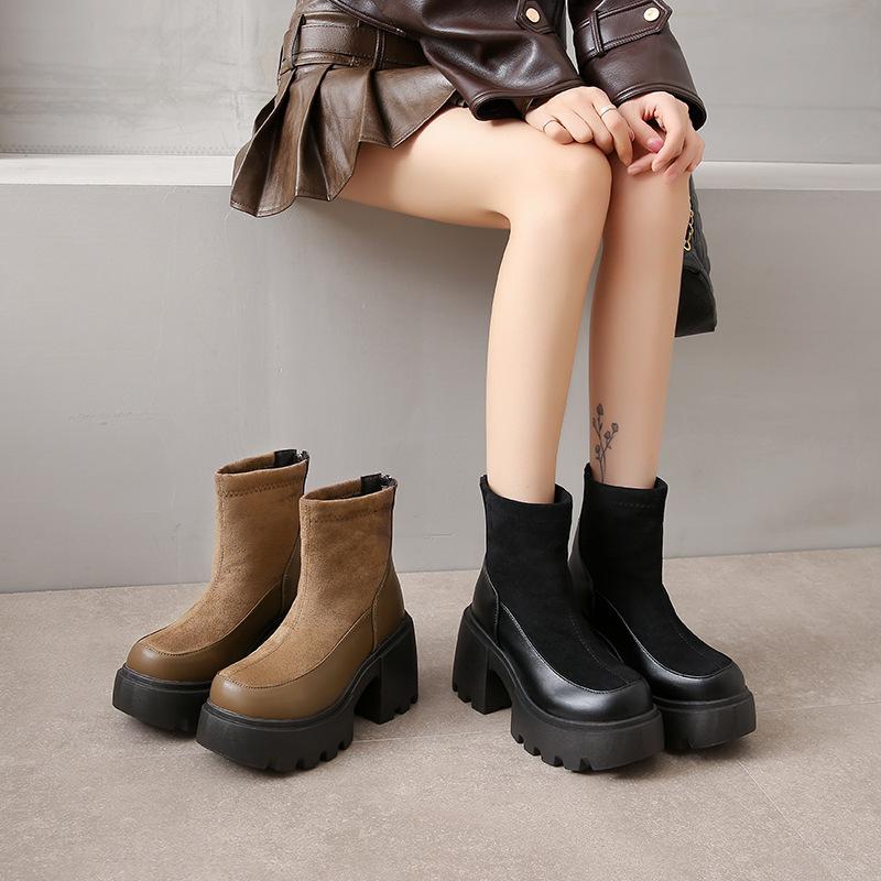 Retro Martin boots women's British style autumn and winter new small thick-soled heightened black thick heel thin short boots