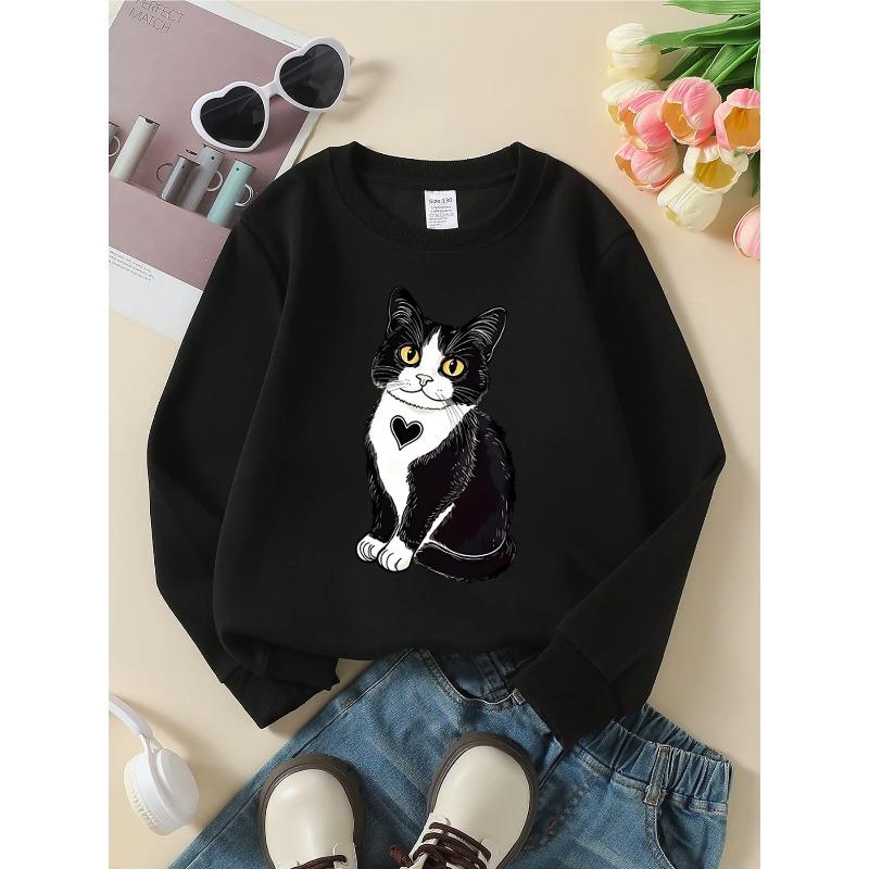 Kids Sweatshirt - Black And White Cat with Heart Pattern Machine Washable, Spring And Autumn, Sportswear And Casual Wear, Soft And Comfortable
