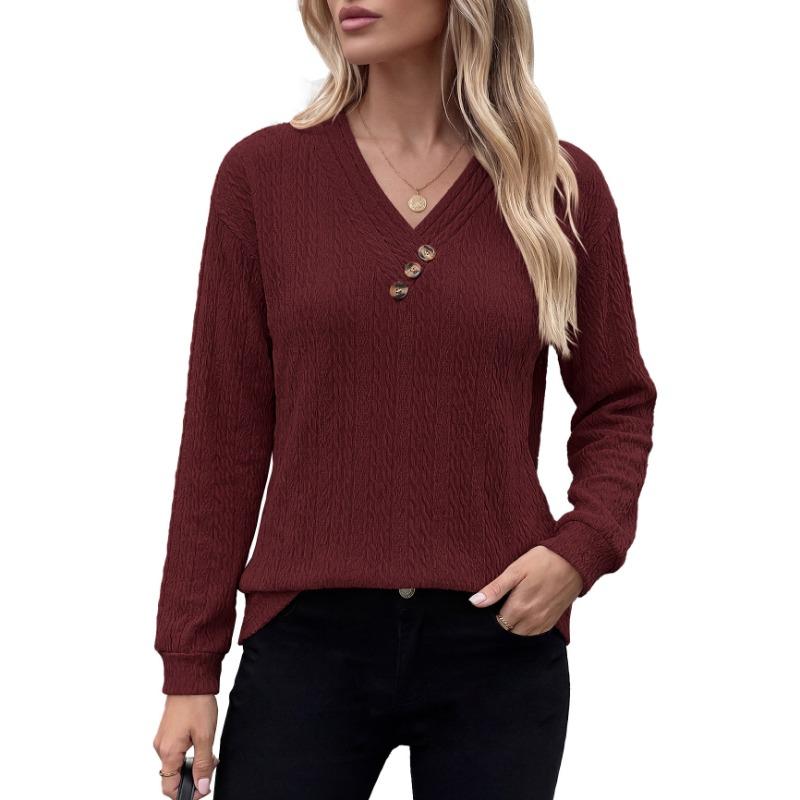 Women Solid Color V Neck Button Decoration Loose Long Sleeve Casual T Shirt Top