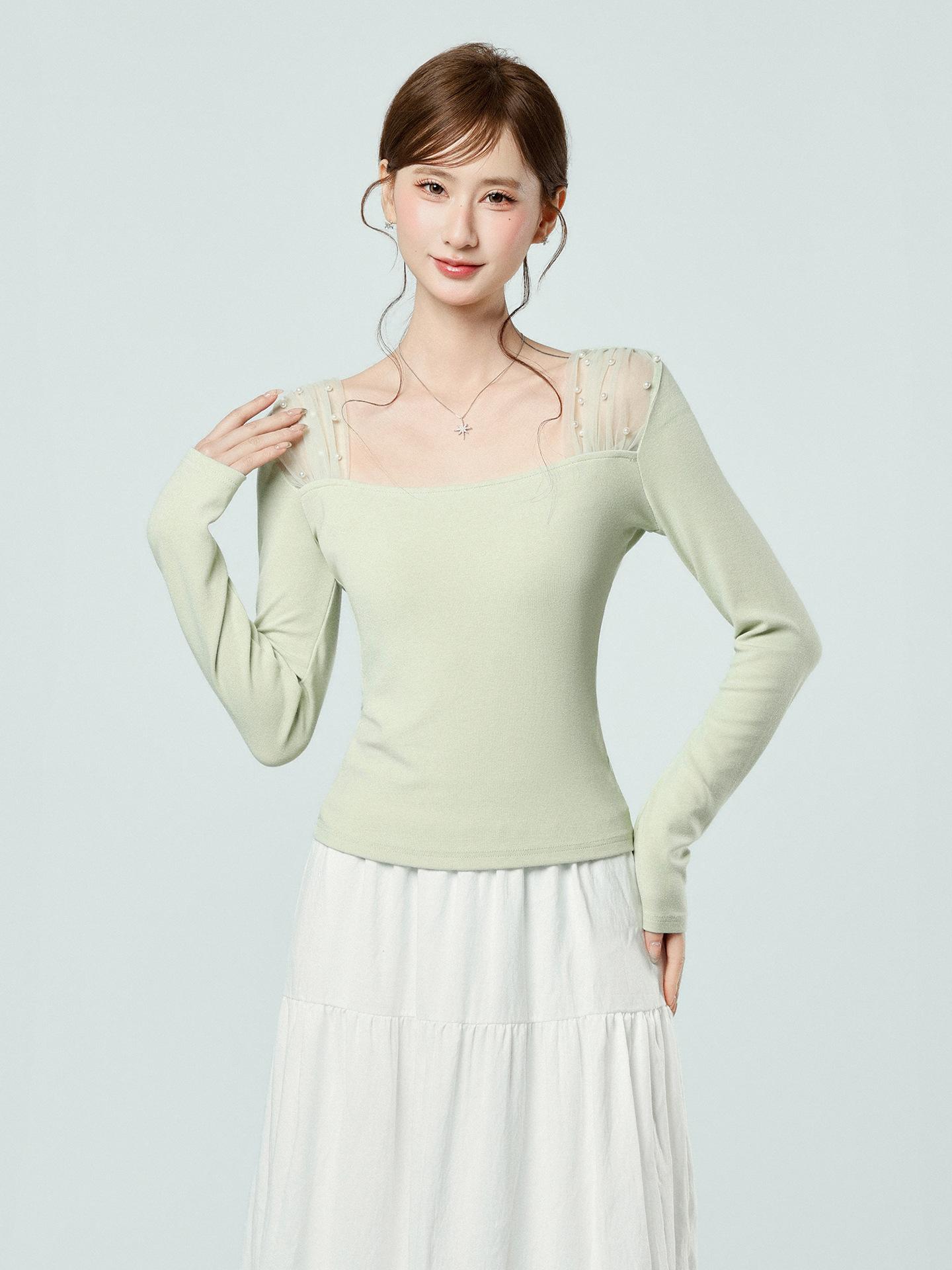 

Green Korean temperament square neck long-sleeved T-shirt mesh scarf winter inner base design pearl top women S светло-зеленый