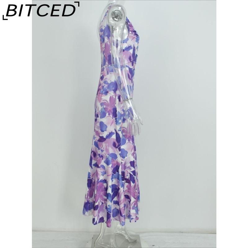 BITCED Women's Commuter Dress: Minimalist, Elegant, and Stylish with a Slanted Neckline, Straps, and a Fishtail Print