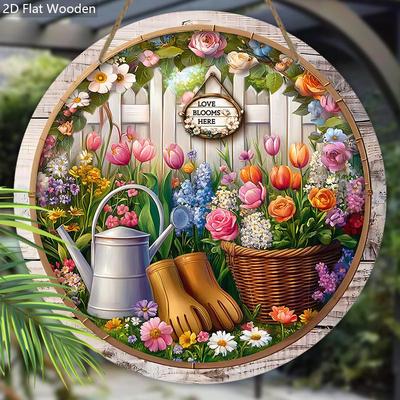 Cartello in Legno con Motivo di Fiori Fioriti - Affascinante Ornamento Rotondo per Porta d'Ingresso, Parete, Giardino Sospeso - Regalo Ideale per un Amico