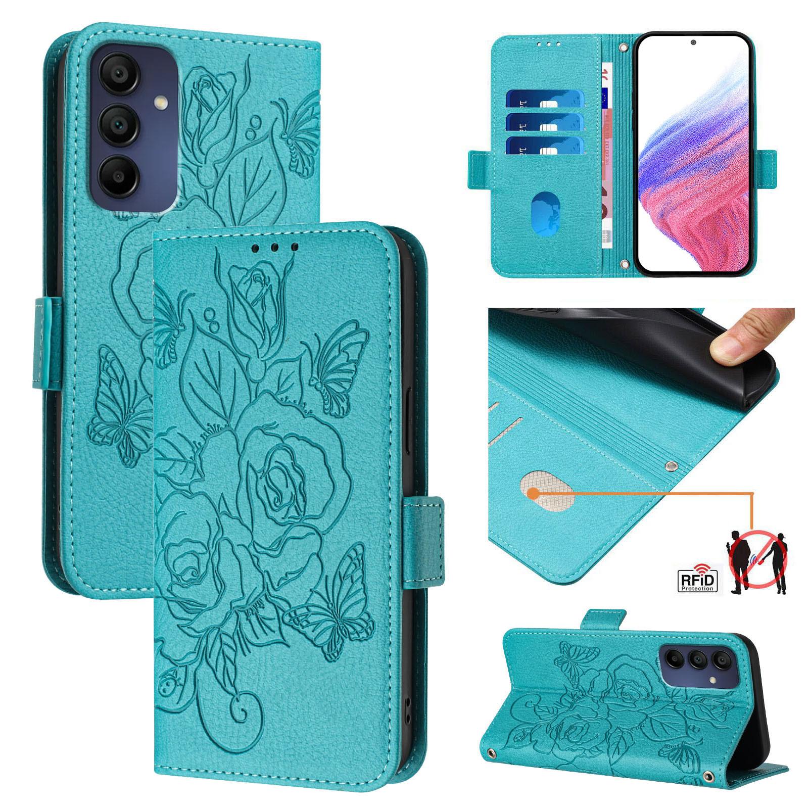 

For Samsung Galaxy A16 5G/A16 4G Case Rose Imprinted RFID Blocking Leather Phone Cover with Strap E