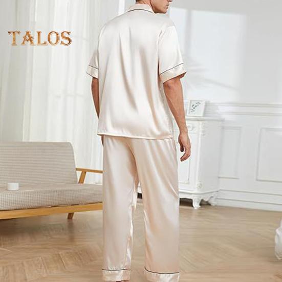 2-teiliges Pyjama-Set für Herren aus Seidensatin mit Reverskragen und Button-Down-Pyjamaoberteil mit Brusttasche, elastischer Bund und Hose, Nachtwäsche