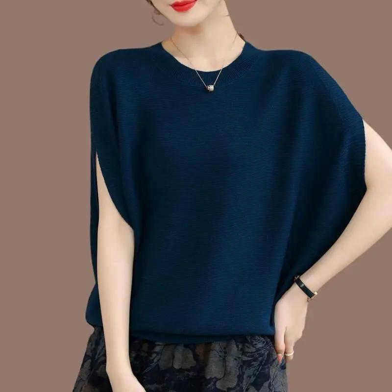 Autumn Women's Oversized Knit Top Crew Neck Split Sleeve Loose Casual Blouse