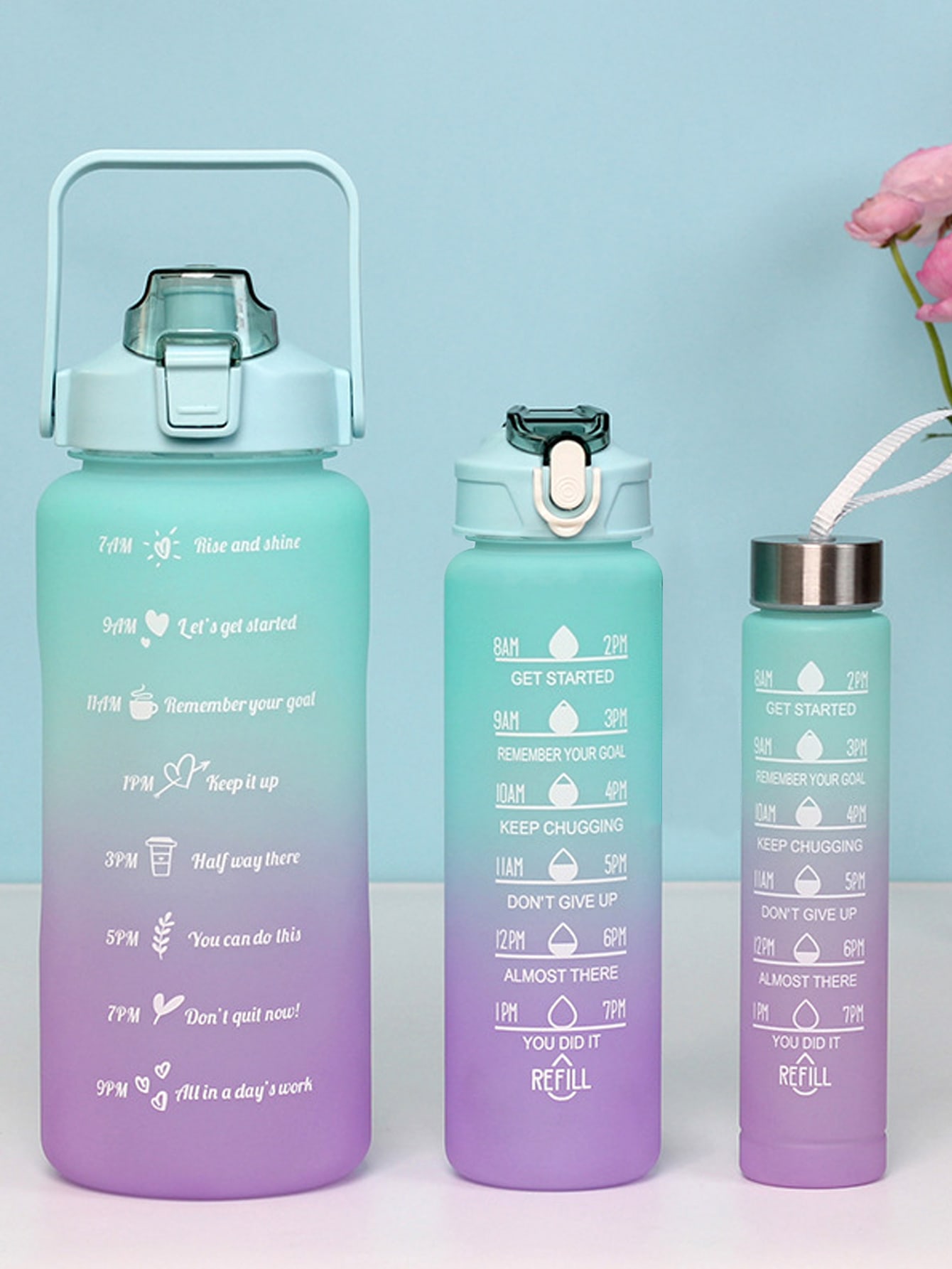 

3 шт. 2000 мл, 750 мл, 300 мл градиентные бутылки для воды набор, портативный, герметичный, рождественские спортивные бутылки для воды с маркером времени на открытом воздухе 0.3L