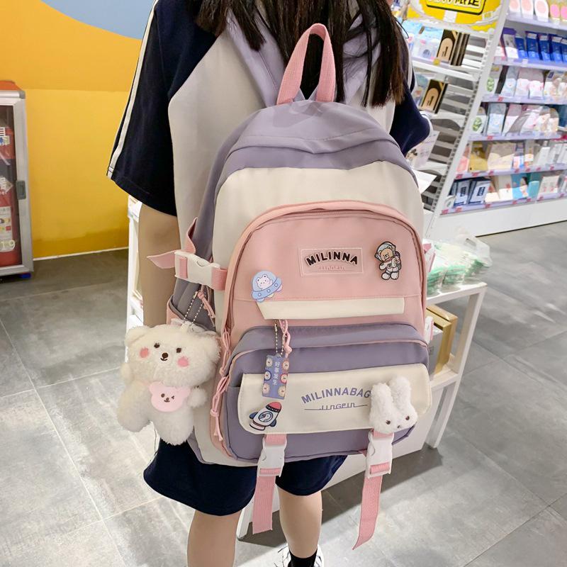 2025 New Color-Block Backpack Korean Style High School Middle School Student Double Shoulder Bag Fashion Backpack for Women Large Capacity Laptop Bag