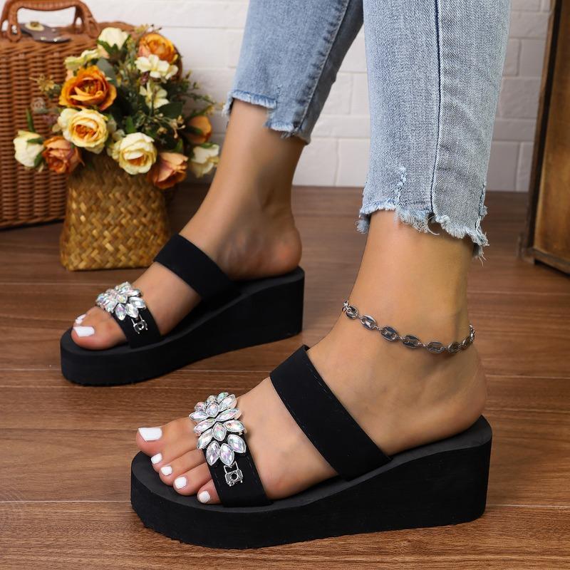 Fashion Summer Women Wedge Slide Beach Slipper Thick Heel Ladies Sandals Crystal Decorate No Slip Platform Slippers Plus Size 36-42