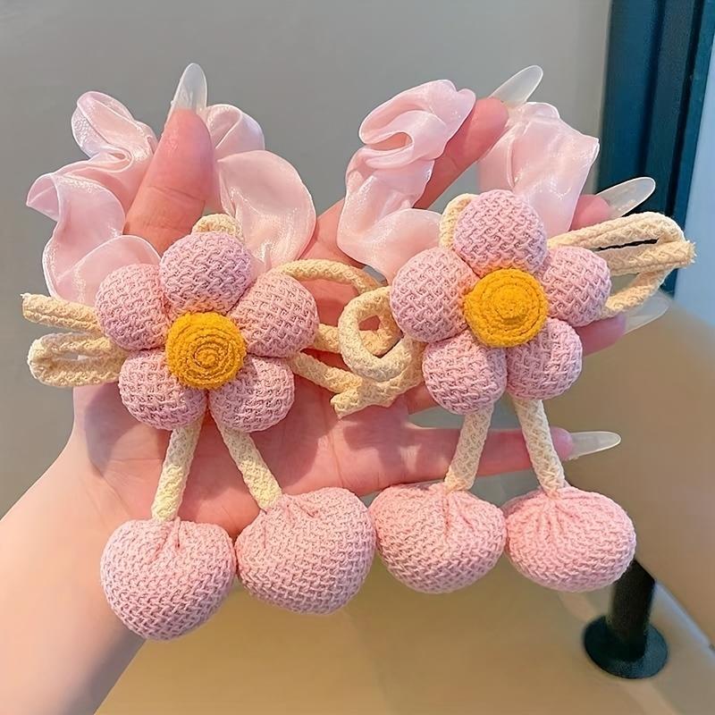 

2Pcs Knitted Large Flower Hair Rope Girl Ball Head Large Intestine Hair Band High Elastic Ponytail Head Rope рожевий