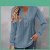 Long Womens Sleeve Fashion Solid Colour Vneck Button Tshirt Printed Casual Top
