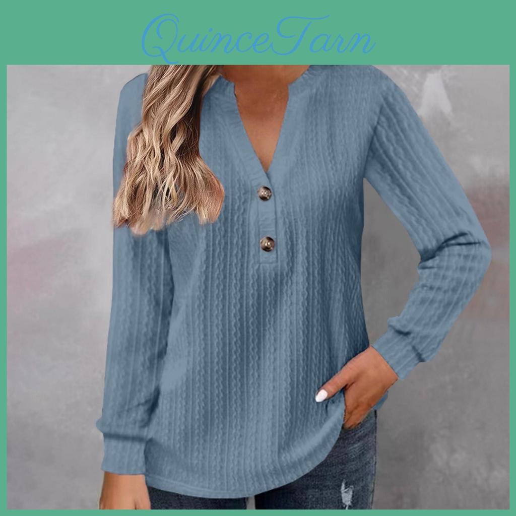 Long Womens Sleeve Fashion Solid Colour Vneck Button Tshirt Printed Casual Top