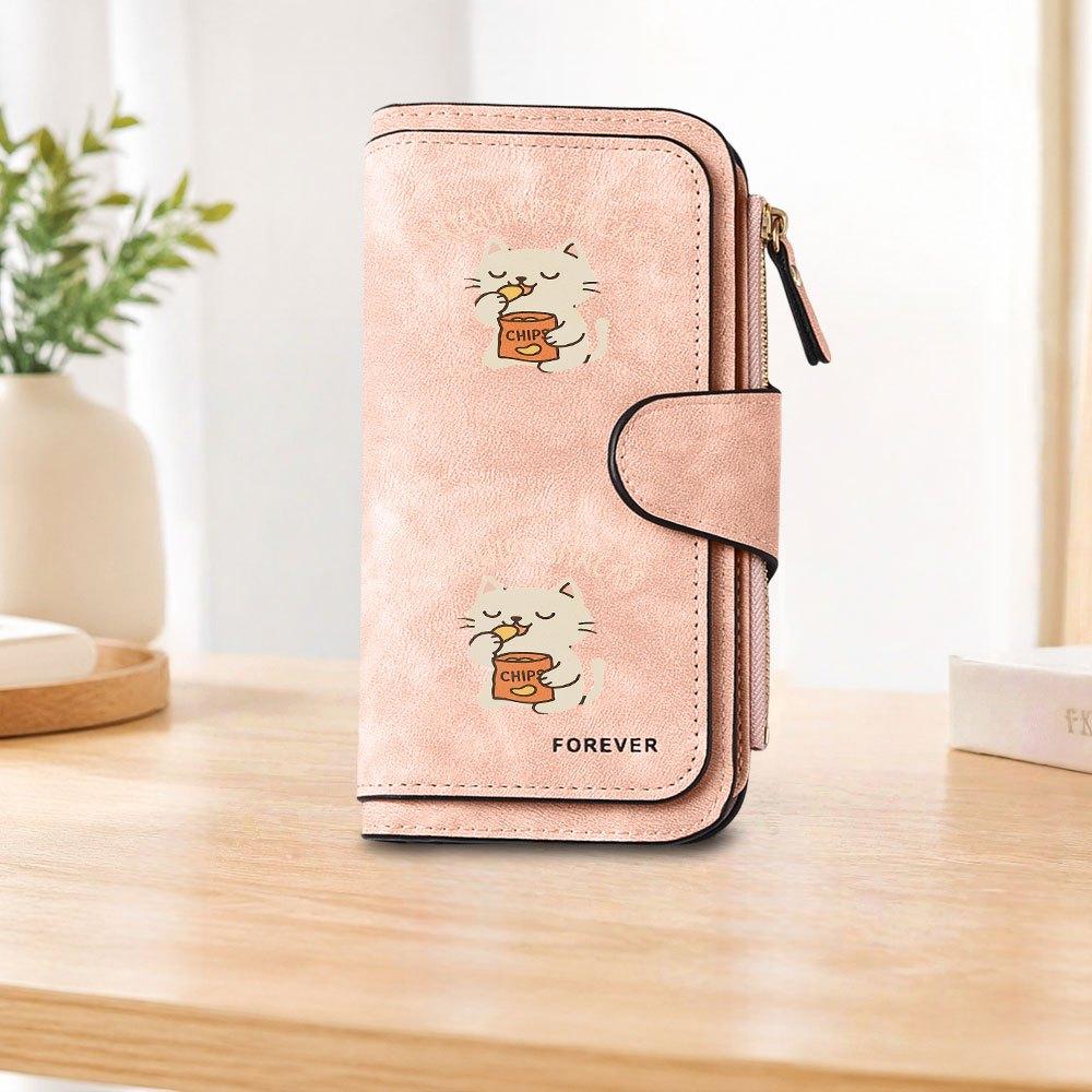 Cat Eating Potato Chips Long Zipper Wallet, Large Capacity Card Holder, Unisex Clutch Bag, Fashionable Zipper Coin Purse, Suitable for Daily Use, A