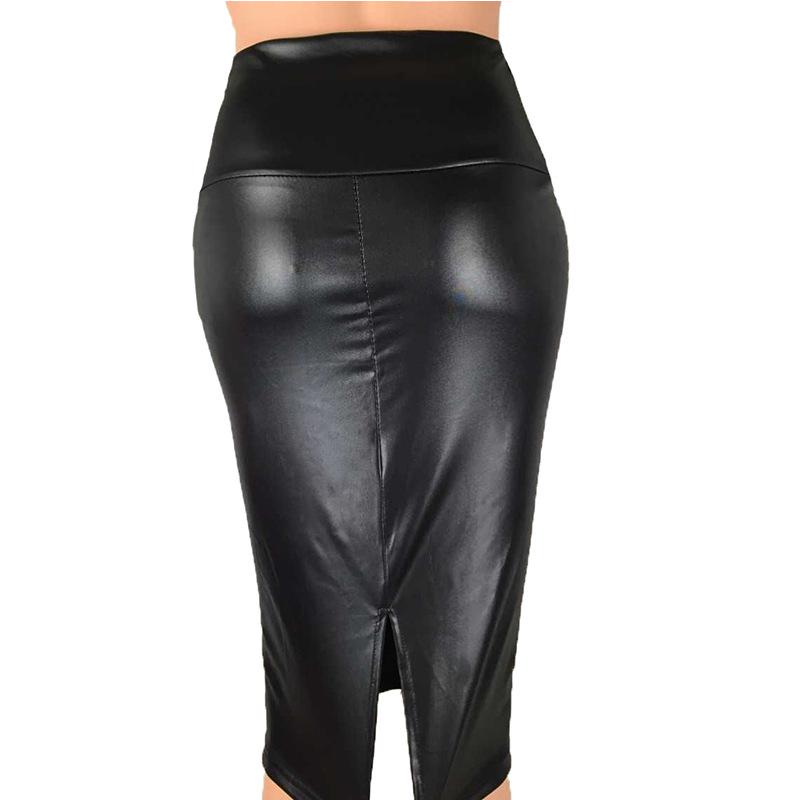 European & American Matte Faux Leather High Waist Knee-Length Bodycon Skirt for Women