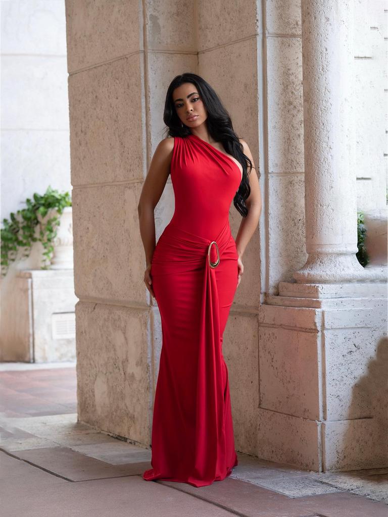 European & American One-Shoulder Pleated Slim Fit Open-Back Dress