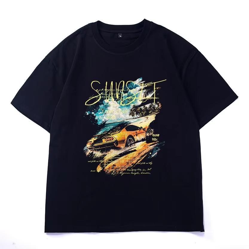 2026 Summer Watercolor Sunset Sports Car Coast Graphic Print T Shirt Vacation Auto Oversized White Short Sleeve Tee