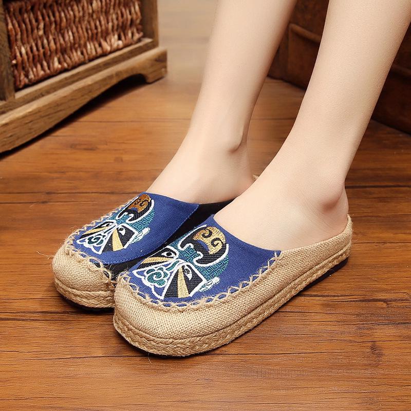 Peking Opera Face Embroidery Espadrilles - Handmade Linen Mori Girl Shoes