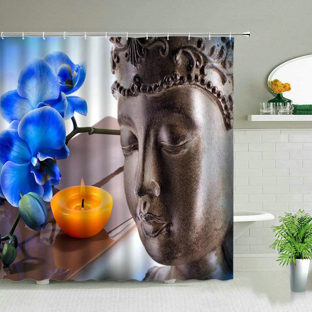 Zen Stone Buddha Flowers Scenery Shower Curtains Creativity Art Bathroom Bath Curtain With Hooks Waterproof Fabric Bathtub Decor