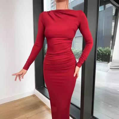 Toamnă Moda Femei Culoare Solidă Gât rotund Plis Slim Slim Sexy Pachet Fusta șold