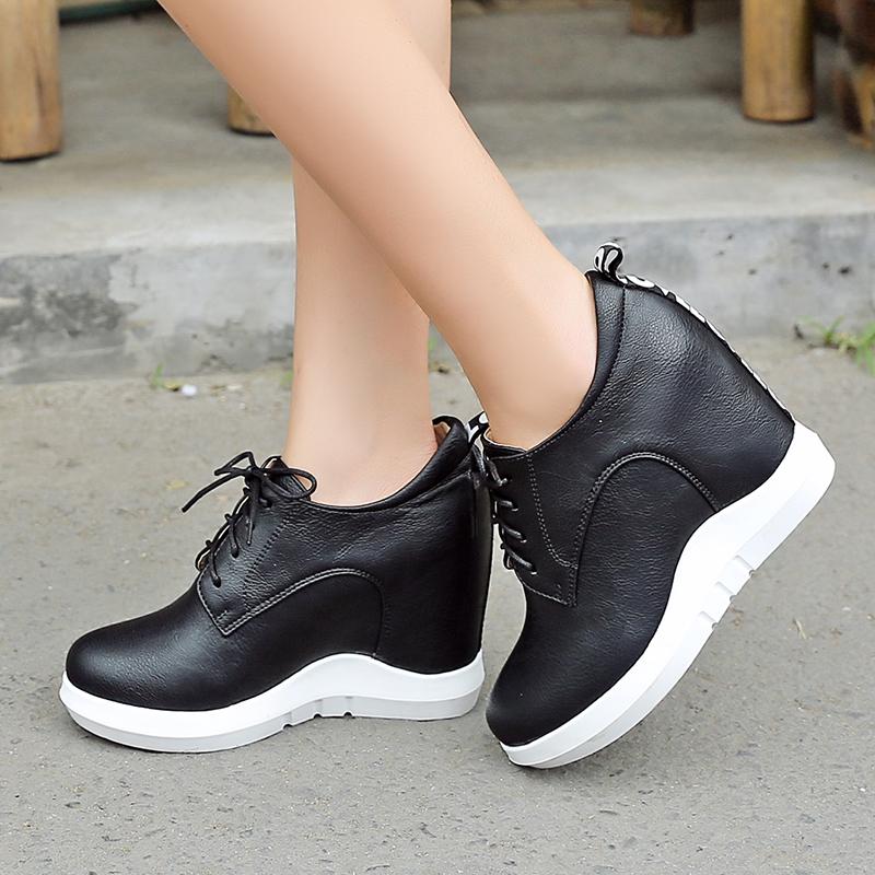 Women's Slope Heel Single Shoes Spring and Autumn Inner Height Increase Casual Lace-up Low-top Shoes