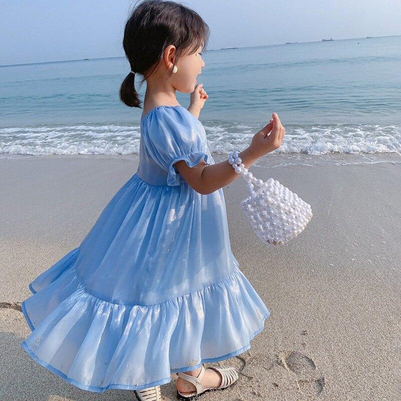 Summer Girls Pure Color Square Neck Puff Sleeve Princess Dress
