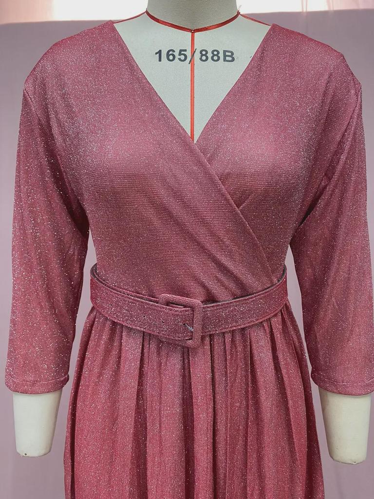 Moda Inverno 2025 Abito da Donna Plissettato con Stampa Oro Maniche Lunghe Gonna Ampia con Cintura Rosa Brillante