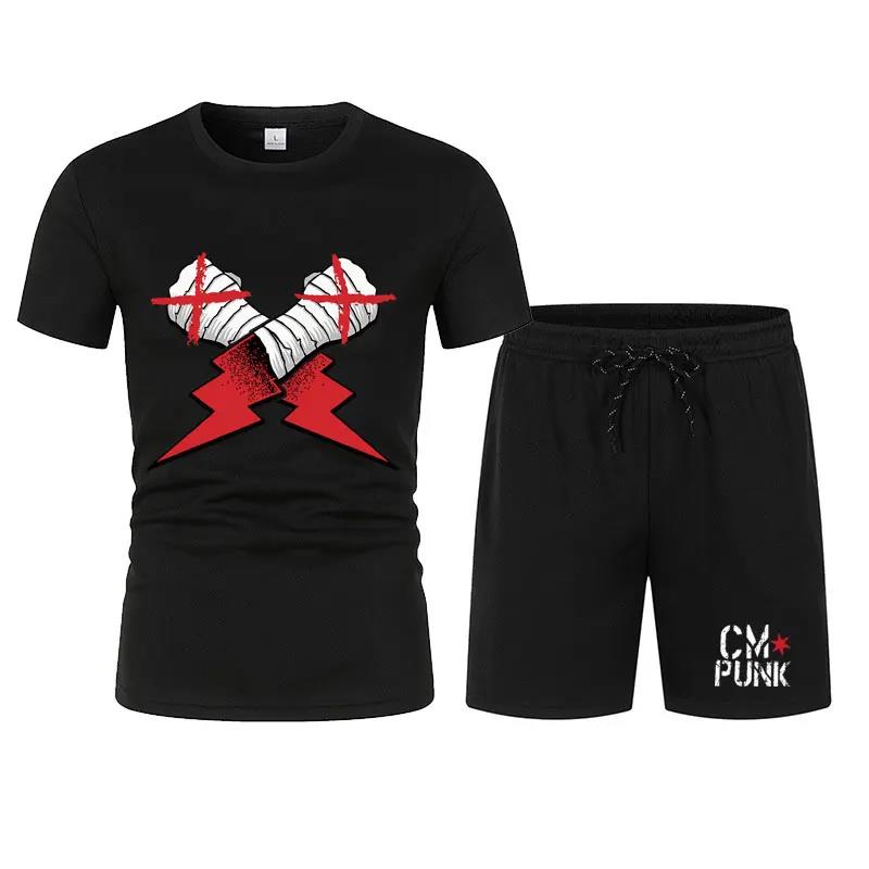 Herren Schwarz Return of CM Punk T-Shirt Shorts Set Sommer Kurzarm Mann Übergroße Anzüge 2024 Neue Mode Bekleidungssets