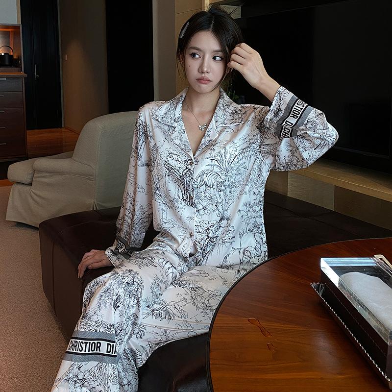 Spring Autumn Long Sleeve Trouser Pijamas Suit Women Loose Casuak Silk Satin Home Clothes 2PCS Pajamas Set Nightwear Lounge Wear