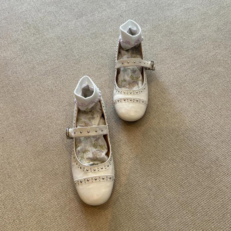 Sheepskin Version~ Gentle Wind Shallow Mouth Rivets Mary Jane Single Shoes Women's Versatile Flat Bottom One Word with Ballet Shoes