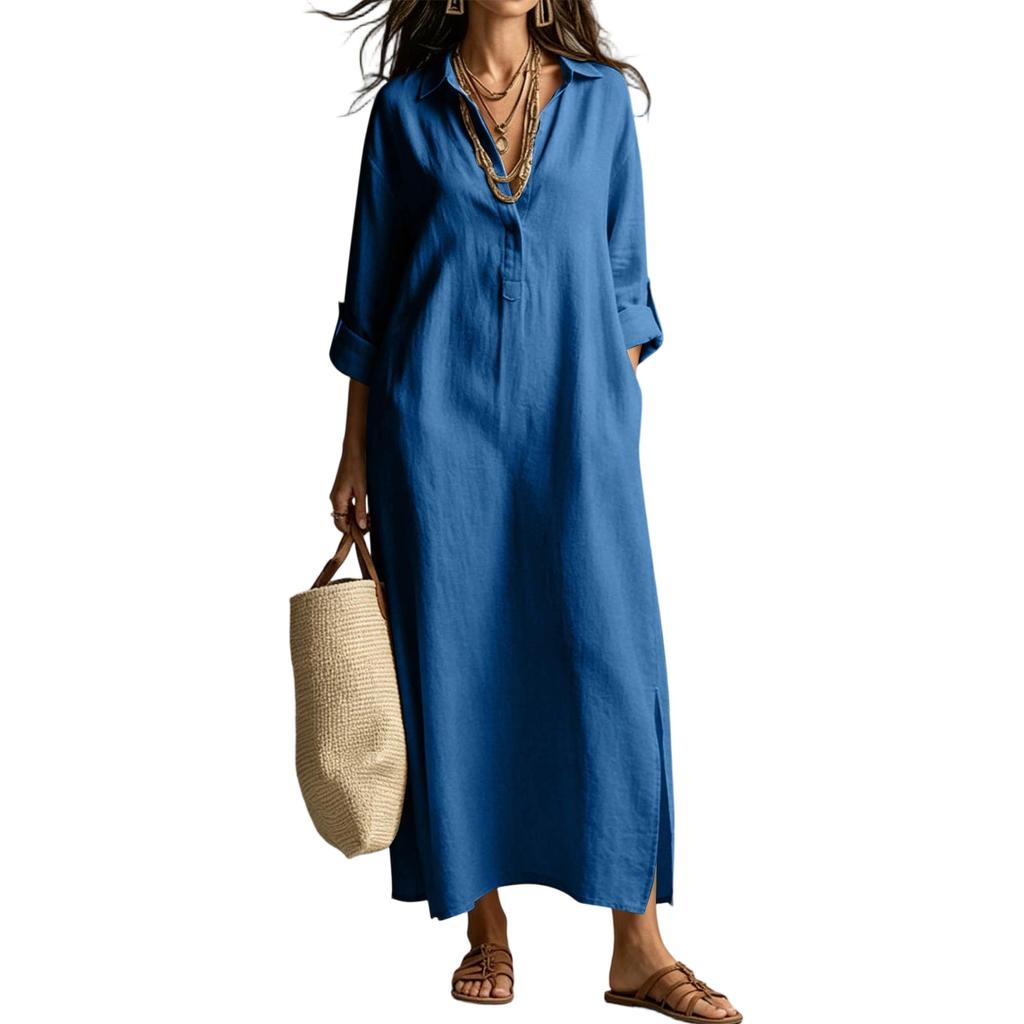 Women’s Long Sleeve Shirt Dress Linen Cotton Collared Maxi Dress Loose Fit Spring Summer Casual Style