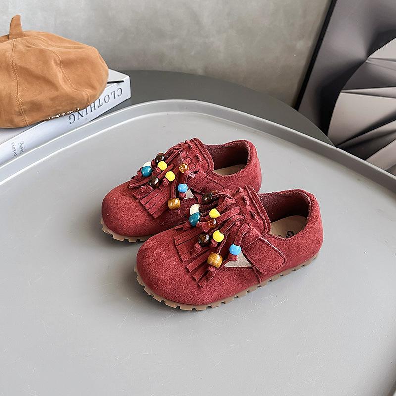 

Girls Autumn Ethnic Style Beaded Tassel Cute Single Shoes for Older Children, Solid Color Loafers 26-30Code one hand5Double вино красного