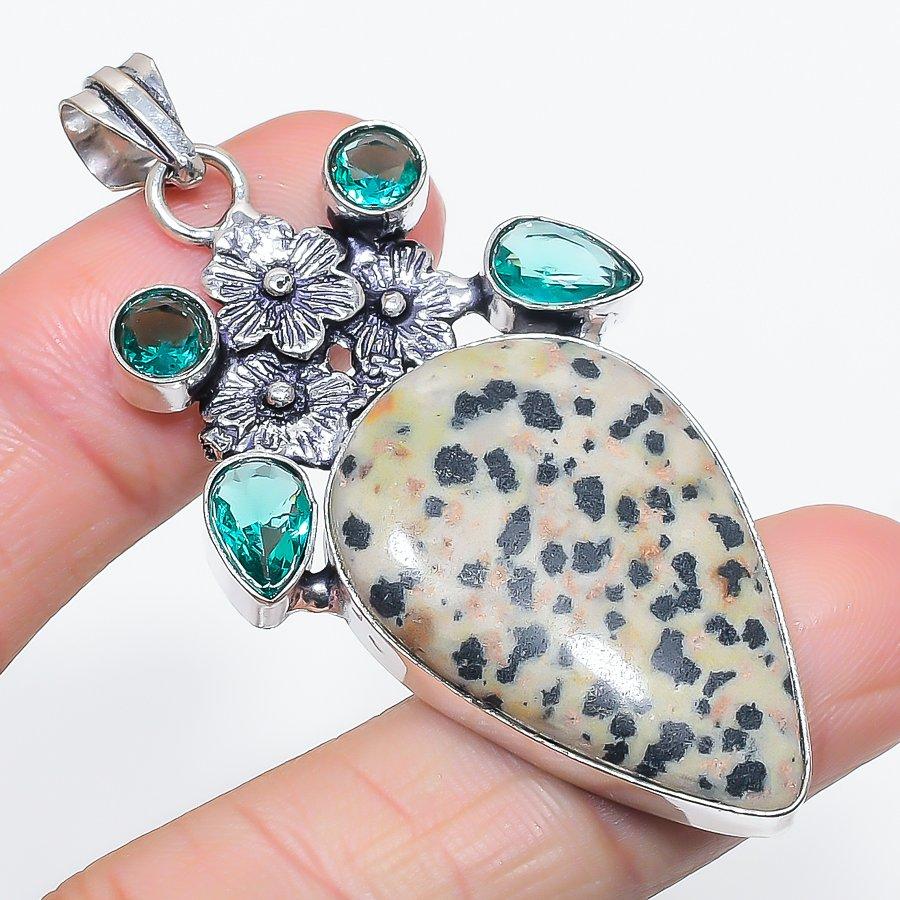 Natural Dalmation Jasper, Topaz 925 Sterling Silver Jewelry Pendant 2.48" j4F97